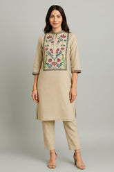 Beige Linen Embroidered Co-Ord Set