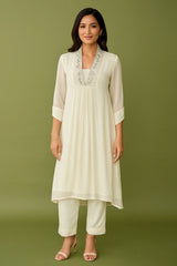 Cream Georgette Sequin Cutdana Worked Kurti Set