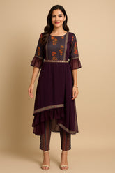 Wine Georgette Asymmetric Kurti Set with Floral Print