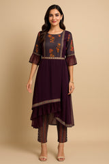 Wine Georgette Asymmetric Kurti Set with Floral Print