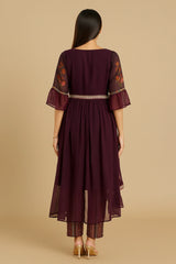 Wine Georgette Asymmetric Kurti Set with Floral Print