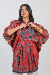 Red Crepe Silk Printed Kaftan Style Tunic - red silk saree