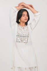 Off White Silk Mirror Embroidered Kurti Palazzo Set