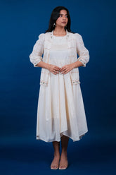 Off White Linen Embroidered Assymetric Dress with Jacket