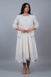 Off White Linen Embroidered Assymetric Dress with Jacket