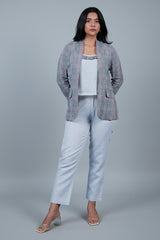 Off White Cotton Co-Ord Set with Checks Jacket