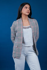 Off White Cotton Co-Ord Set with Checks Jacket