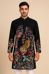 Black Georgette Floral Thread Embroidery Sequin Work Kurta Set with Animal Motifs