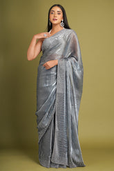 Grey Pearl and Diamond Work Embellished Saree in Organza
