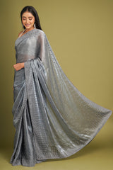 Grey Pearl and Diamond Work Embellished Saree in Organza