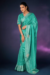 Sea Green Tissue Silk Saree with Sequin Border - green silk saree