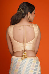 Peach and Grey All Over Woven Silk Saree