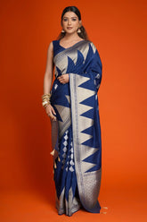 Peacock Blue Art Silk Saree with Temple Woven Border