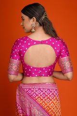 Rani Pink and Orange Bandhej Print Saree in Silk with Contrast Embroidery