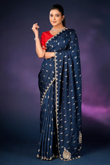 Peacock Blue Embroidery and Sequins Work Saree in Art Silk