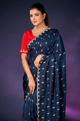 Peacock Blue Embroidery and Sequins Work Saree in Art Silk - blue silk saree embroidery