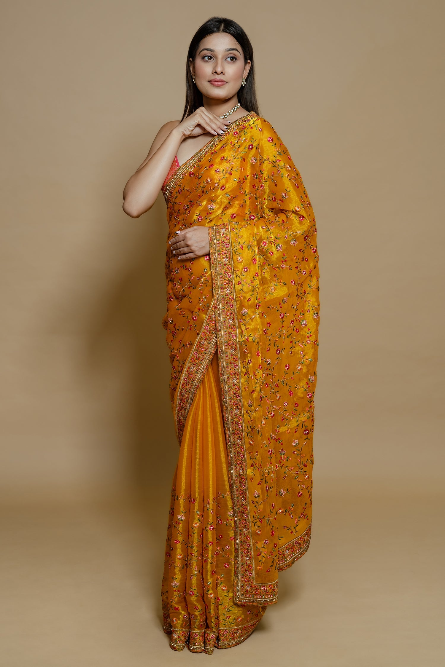 Orange Shimmer Organza Embroidered Saree - red organza saree embroidered
