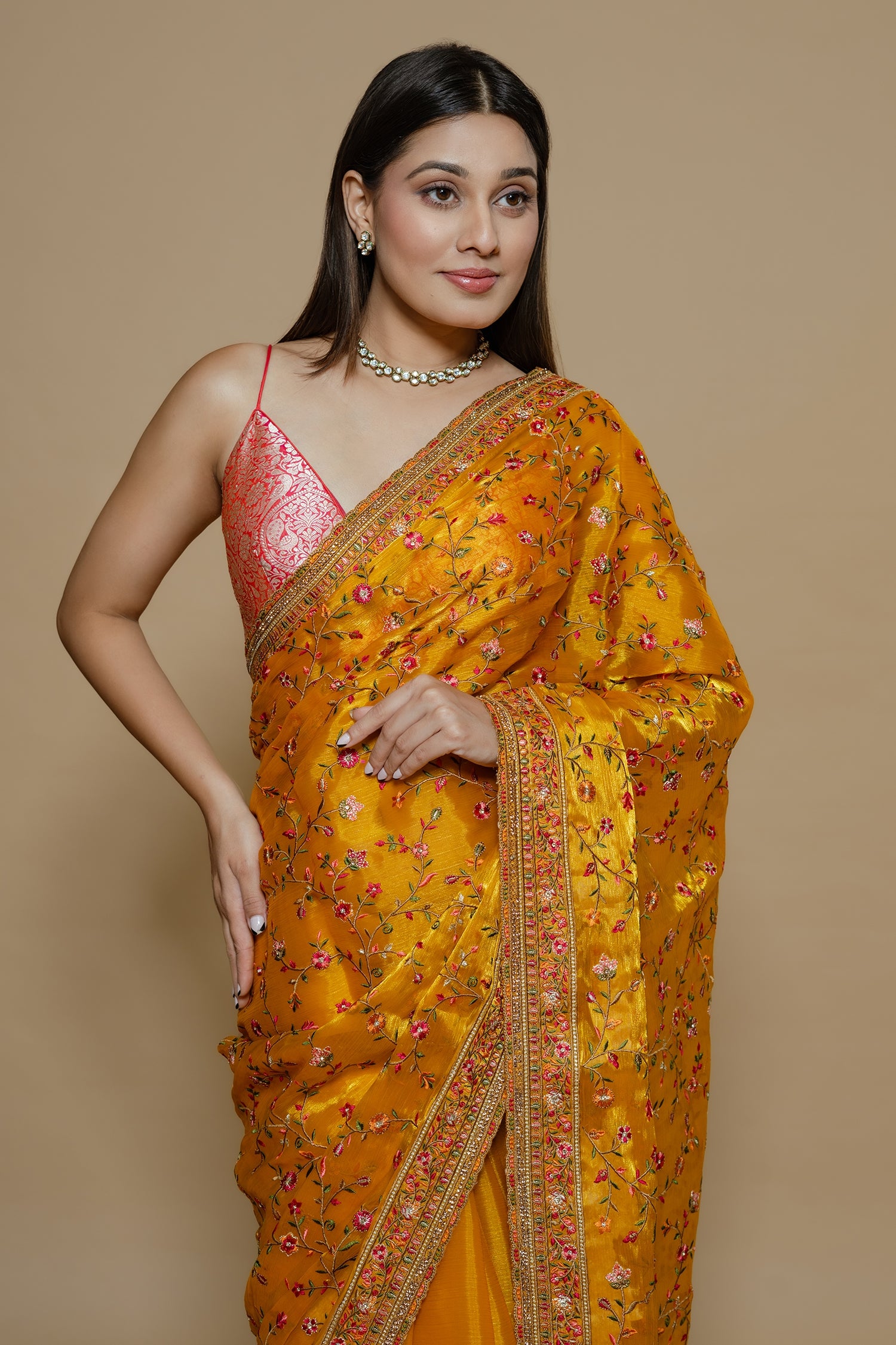 Orange Shimmer Organza Embroidered Saree - red organza saree embroidered