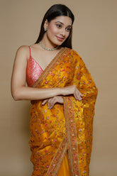 Orange Shimmer Organza Embroidered Saree - red organza saree embroidered