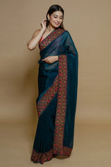 Teal Green Chiffon Georgette Embroidery and Swarovski Work Saree