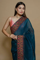 Teal Green Chiffon Georgette Embroidery and Swarovski Work Saree