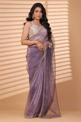 Lavender Organza Net Handworked Floral Butta Saree