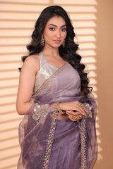 Lavender Organza Net Handworked Floral Butta Saree