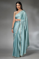 Light Blue Satin Silk Saree with Cutdana and Diamond Work