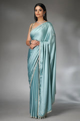 Light Blue Satin Silk Saree with Cutdana and Diamond Work