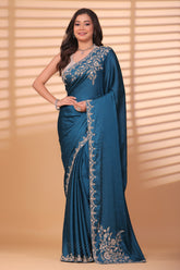 Peacock Blue Satin Silk Handworked Saree