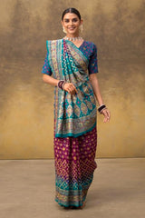 Purple and Teal Green Silk Bandhej Saree with Applique Work on Border