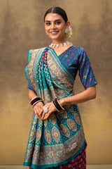 Purple and Teal Green Silk Bandhej Saree with Applique Work on Border