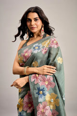 Grey Tussar Art Silk Saree with Floral Thread Embroidery