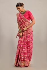 Pink Georgette Checks Bandhej Woven Saree with Pitta and Cutdana Work - pink georgette saree bandhej