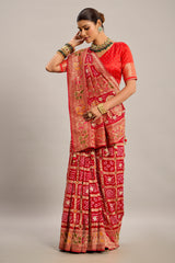 Red Georgette Checks Bandhej Woven Saree with Pitta and Cutdana Work - red georgette saree bandhej