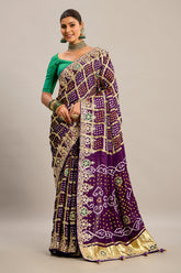 Purple Gaji Silk Checks Bandhej Saree with Pitta Work