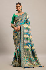 Teal Green and Multi Colored Satin Silk Woven Saree