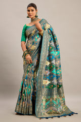 Teal Green and Multi Colored Satin Silk Woven Saree