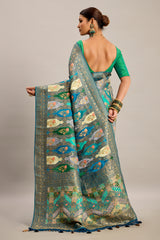 Teal Green and Multi Colored Satin Silk Woven Saree