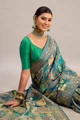 Teal Green and Multi Colored Satin Silk Woven Saree
