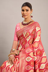 Pink and Multi Colored Satin Silk Woven Saree