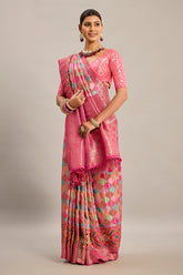 Pink and Multi Colored Satin Silk Moroccan Design Bandhej Woven Saree