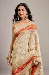Cream Tissue Shimmer Sequin Embroidered Saree with Embellished Scallop Border - red saree embroidered