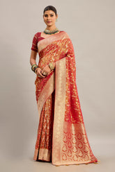 Orange Tissue Bird Motifs Zari Woven Traditional Saree with Paisley Pallu and Pink Highlights