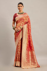 Orange Tissue Bird Motifs Zari Woven Traditional Saree with Paisley Pallu and Pink Highlights