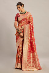Orange Tissue Bird Motifs Zari Woven Traditional Saree with Paisley Pallu and Pink Highlights
