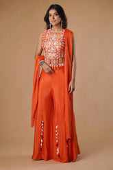 Orange Silk Handwork Crop Top Palazzo with Dupatta - orange silk saree