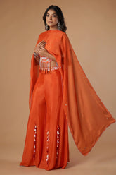 Orange Silk Handwork Crop Top Palazzo with Dupatta - orange silk saree