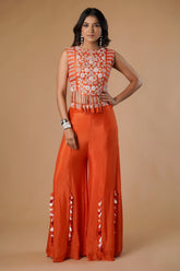 Orange Silk Handwork Crop Top Palazzo with Dupatta - orange silk saree