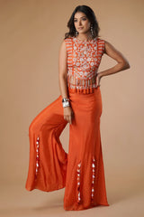 Orange Silk Handwork Crop Top Palazzo with Dupatta - orange silk saree